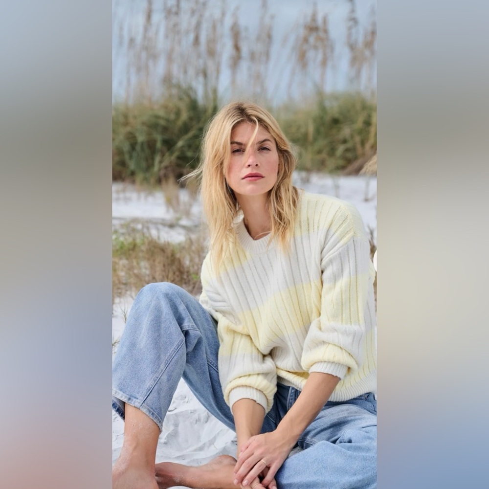 Altar'd State Cream and Pale Yellow Ribbed Crewneck Sweater